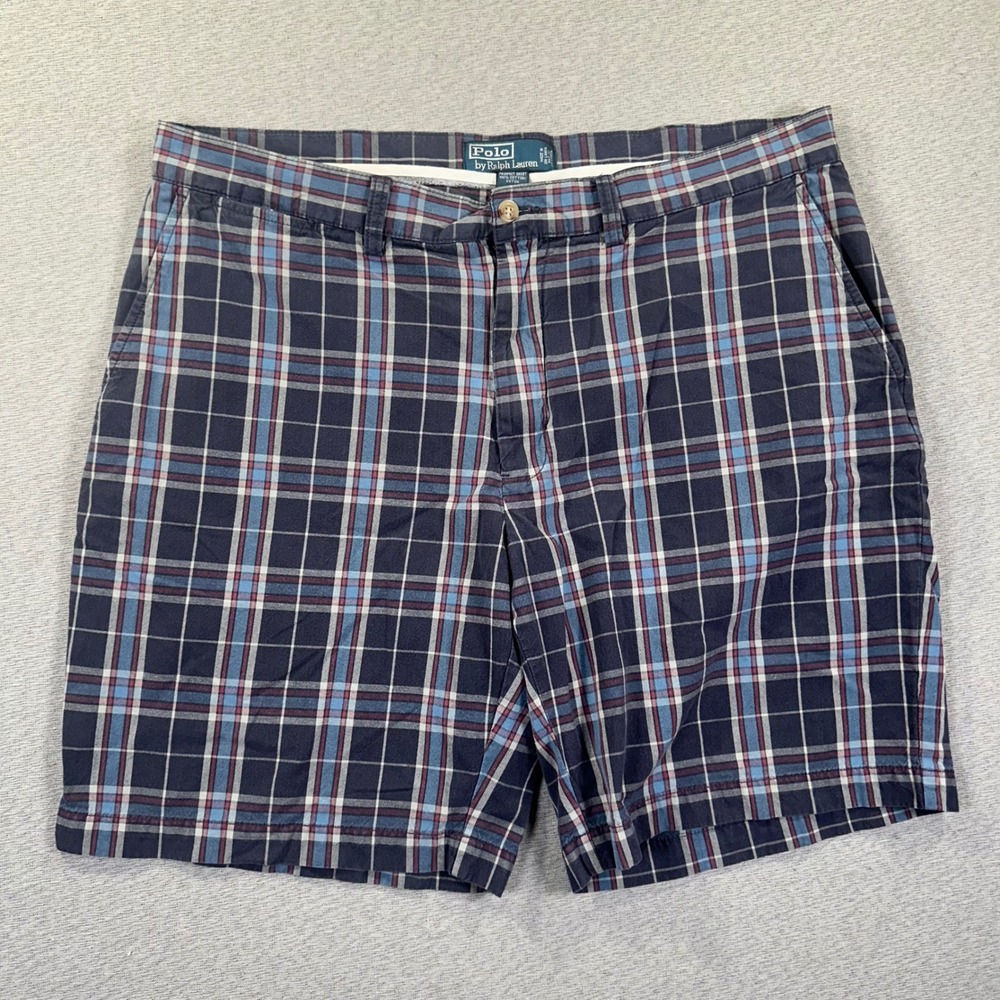 Polo Ralph Lauren Prospect Shorts Mens 38 Navy Blue Red Plaid Flat Front Vintage